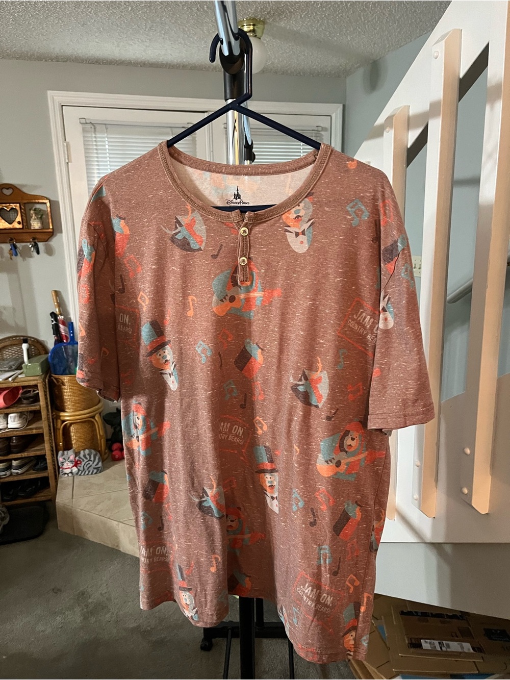 Disney Men's Short-Sleeve Henley Shirt in Rust,Blue and (country bear jamboree)